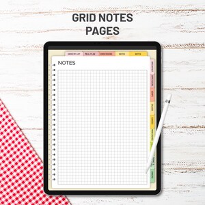 May include: A digital tablet displaying a printable gridded notes page with tabs for grocery list, meal plan, conversions, and notes. The page is divided into sections for different types of recipes, including breakfast, appetizers, soups, salads, sauces, main dishes, side dishes, snacks, and drinks.