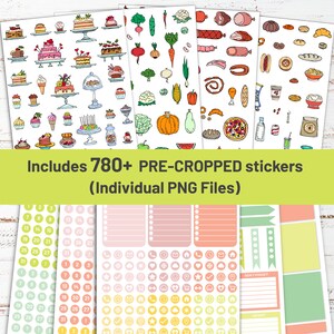 May include: A set of 780+ pre-cropped stickers featuring various illustrations, including food, vegetables, and everyday icons. The stickers are organized into different categories and are ready to be used for planners, journals, and other creative projects.
