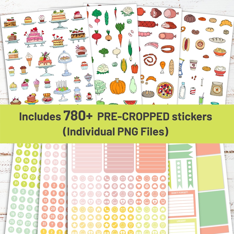 May include: A set of 780+ pre-cropped stickers featuring various illustrations, including food, vegetables, and everyday icons. The stickers are organized into different categories and are ready to be used for planners, journals, and other creative projects.
