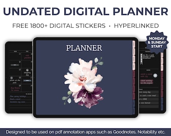 Undated Dark Mode Digital Planner for Goodnotes/Notability, Hyperlinked Planner For iPad/Tablets, Black Digital Planner, Digital Stickers