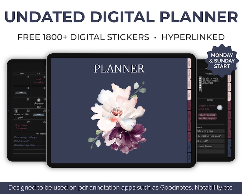 Undated Dark Mode Digital Planner for Goodnotes/notability, Hyperlinked ...
