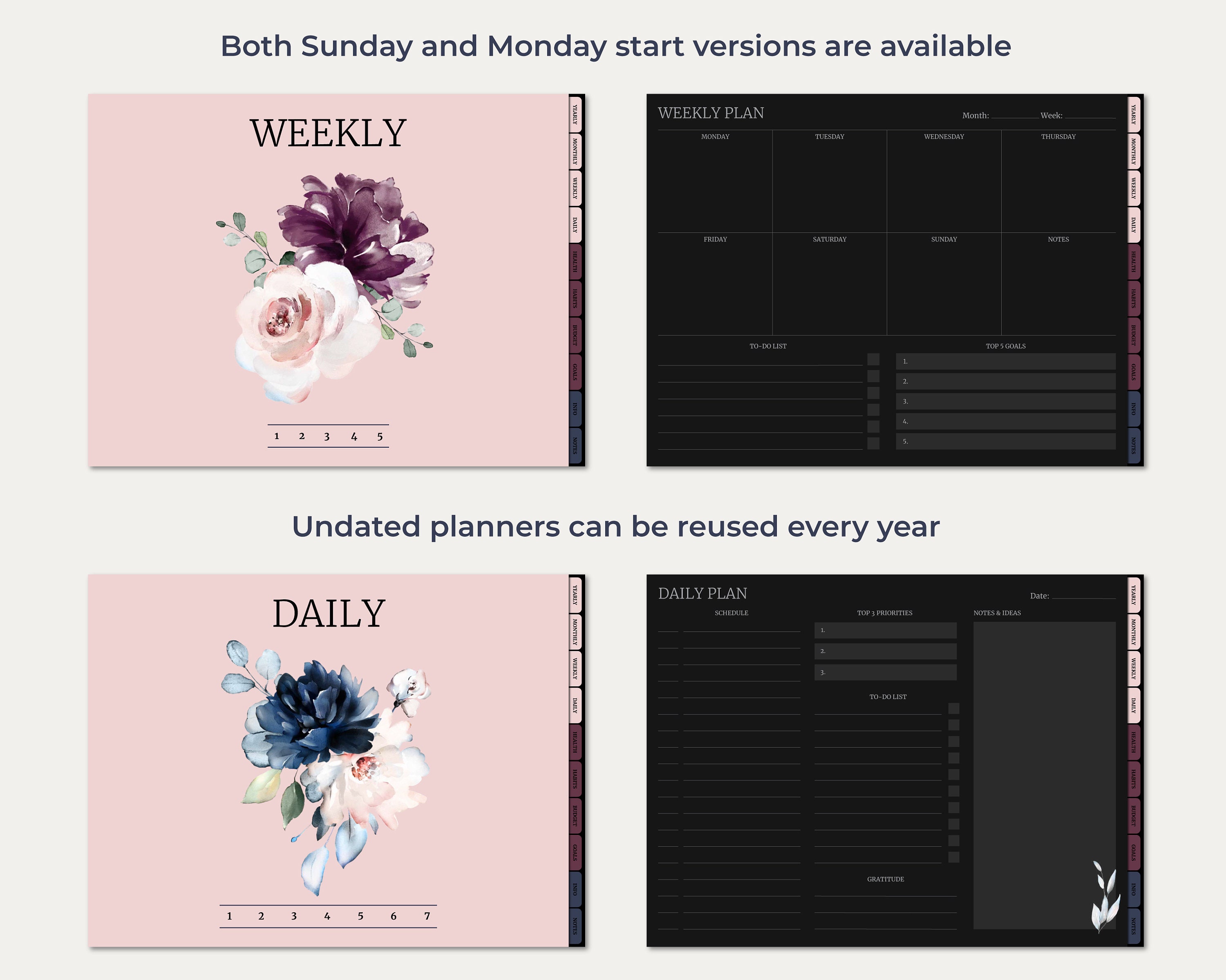 Undated Dark Mode Digital Planner for Goodnotes/notability, Hyperlinked ...