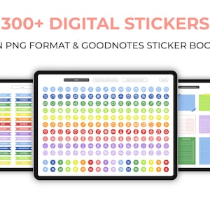 Puede incluir: Tres pantallas de tableta digital que muestran una colecci&oacute;n de m&aacute;s de 300 pegatinas digitales en formato PNG. Las pegatinas est&aacute;n organizadas en categor&iacute;as, que incluyen iconos, eventos y colores. Las pegatinas est&aacute;n dise&ntilde;adas para usar con los libros de pegatinas Goodnotes.