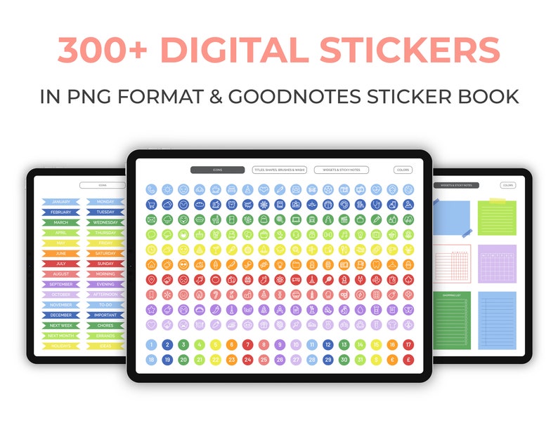 Puede incluir: Tres pantallas de tableta digital que muestran una colecci&oacute;n de m&aacute;s de 300 pegatinas digitales en formato PNG. Las pegatinas est&aacute;n organizadas en categor&iacute;as, que incluyen iconos, eventos y colores. Las pegatinas est&aacute;n dise&ntilde;adas para usar con los libros de pegatinas Goodnotes.