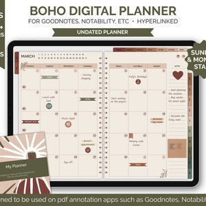 May include: A digital planner with a boho theme. The planner is open to the month of March and features a brown and beige colour scheme with floral accents. The planner is designed for use with note-taking apps like Goodnotes and Notability. The text "BOHO DIGITAL PLANNER" is displayed at the top of the image.