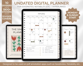 Undated Digital Planner, Monthly, Weekly and Daily Planner, iPad Planner, Goodnotes & Notability Ultimate Digital Journal, Digital Stickers
