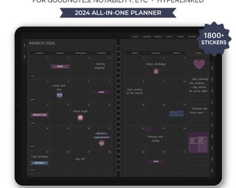 2024 Digital Planner for Goodnotes, Notability Planner, Dark Mode Digital Planner with Hyperlinks for iPad and Tablets, Digital Stickers