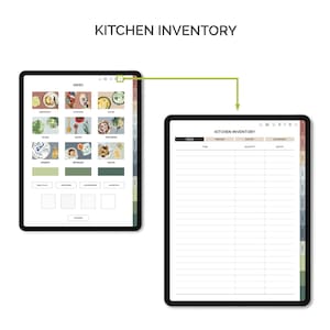 May include: A digital planner template for organizing kitchen inventory. The template includes sections for fridge, freezer, pantry, and equipment. The template has a colorful index with images of different food categories.