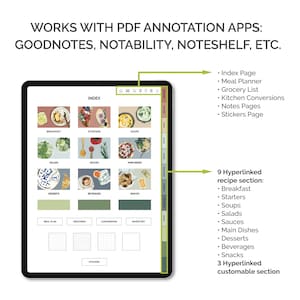May include: A digital planner for recipes with a colorful index page, 9 hyperlinked recipe sections, and 3 hyperlinked customizable sections. The planner is designed for use with PDF annotation apps like Goodnotes, Notability, and Noteshelf.