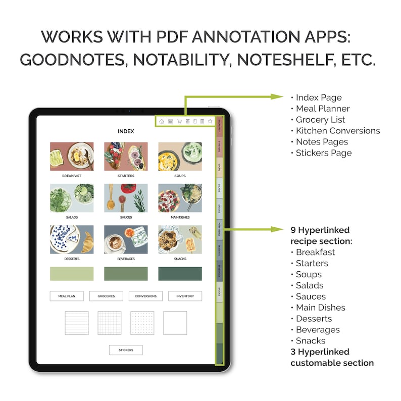 Digital Recipe Book for Goodnotes, Notability Hyperlinked iPad Planner Digital Cookbook Goodnotes Recipes Digital Meal Planner image 2