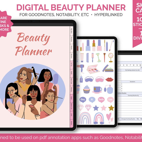 Digital Beauty Planner For Goodnotes, Notability | Hyperlinked iPad Vertical Planner | Digital Skincare Planner