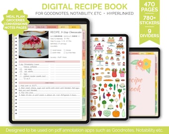 Digital Recipe Book for Goodnotes, Notability | Hyperlinked iPad Vertical Planner | Digital Food Journal | Digital Cookbook