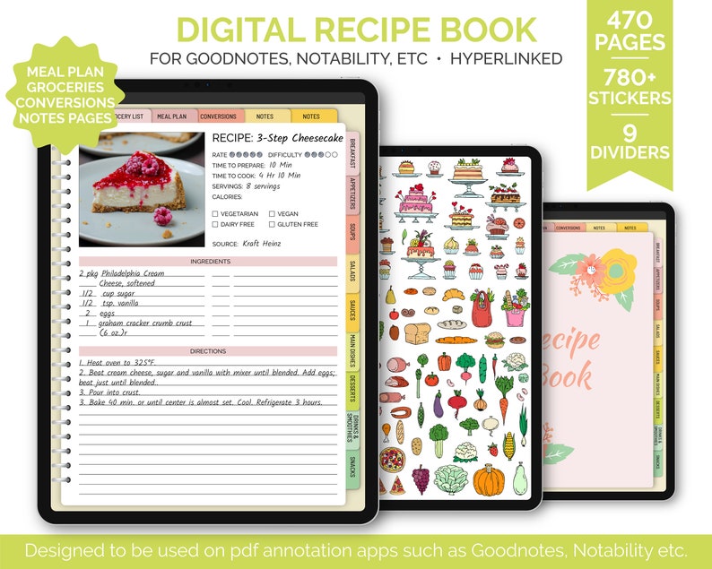 May include: A digital recipe book with a pink cover and a lemon illustration. The book is designed for use with digital note-taking apps like Goodnotes and Notability. The book includes 470 pages, 780+ stickers, and 9 dividers. The book also includes a meal plan, grocery list, conversions, and notes pages.