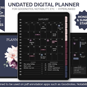 Undated Dark Mode Digital Planner for Goodnotes/Notability, Hyperlinked Black & White Digital Planner For Ipad and Tablets, Digital Stickers