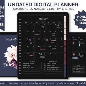 Undatierter Dark Mode Digitaler Planer für Goodnotes/Notability, Schwarzweißer Digitaler Planer für Ipad und Tablets, Digitale Aufkleber