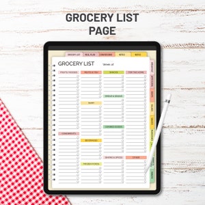 May include: A digital grocery list page on a tablet with a checklist for fruits and vegetables, meats and fish, snacks, bread and grains, dairy, canned goods, condiments, beverages, frozen foods, baking and spices, and other items. The page is divided into sections with different colored headings.