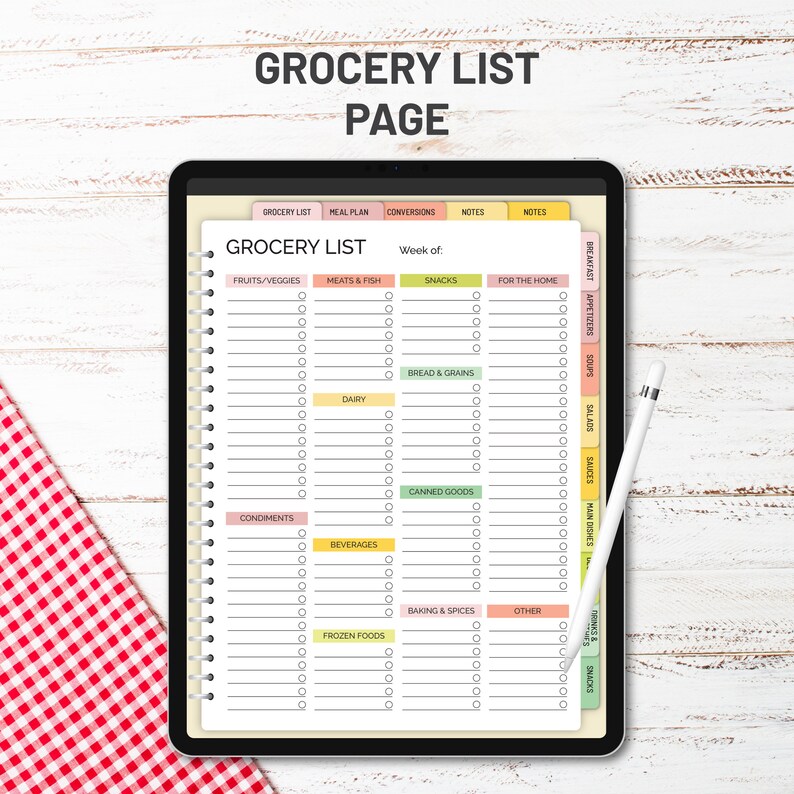 May include: A digital grocery list page on a tablet with a checklist for fruits and vegetables, meats and fish, snacks, bread and grains, dairy, canned goods, condiments, beverages, frozen foods, baking and spices, and other items. The page is divided into sections with different colored headings.
