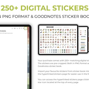 May include: A digital sticker book with over 250 stickers in PNG format and Goodnotes format. The stickers are pre-cropped and organized into categories. The book includes a variety of stickers, including food, drinks, and other everyday items.