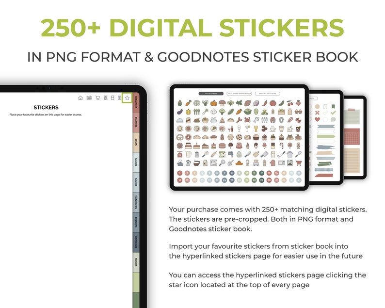 May include: A digital sticker book with over 250 stickers in PNG format and Goodnotes format. The stickers are pre-cropped and organized into categories. The book includes a variety of stickers, including food, drinks, and other everyday items.
