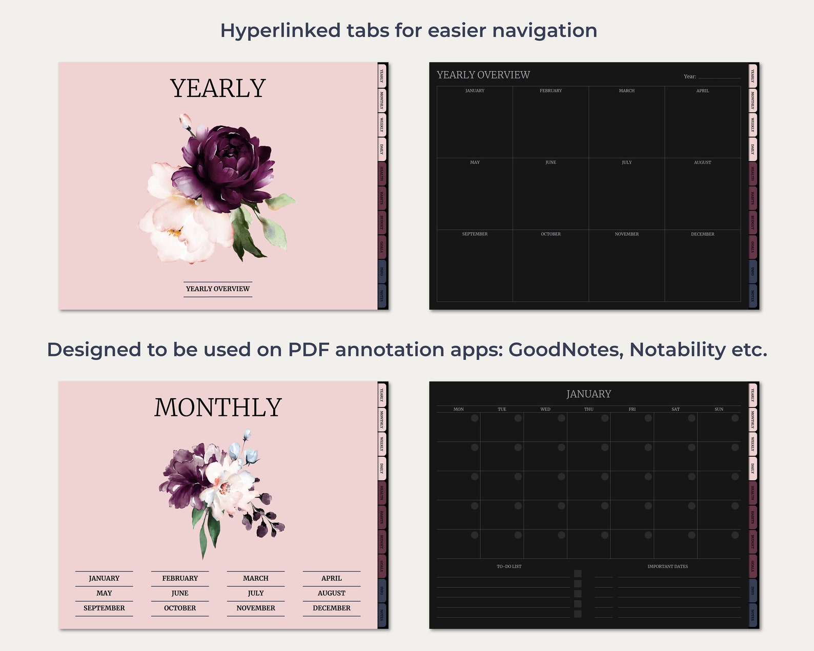 Undated Dark Mode Digital Planner for Goodnotes/notability, Hyperlinked ...