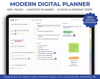 Planificador digital Goodnotes sin fecha, Planificador digital para iPad, Planificador digital diario hipervinculado para tabletas, Planificador de notabilidad, pegatinas digitales