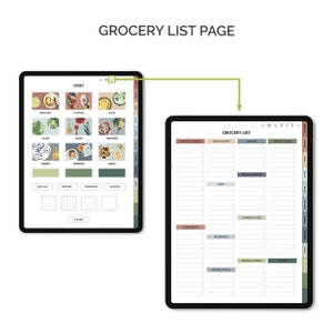 May include: A digital grocery list template on a tablet screen. The template is divided into categories such as fruits & veggies, meats & fish, dairy, snacks, breads & grains, canned goods, condiments, beverages, frozen foods, baking & spices, and other. Each category has a checklist with checkboxes next to each item.