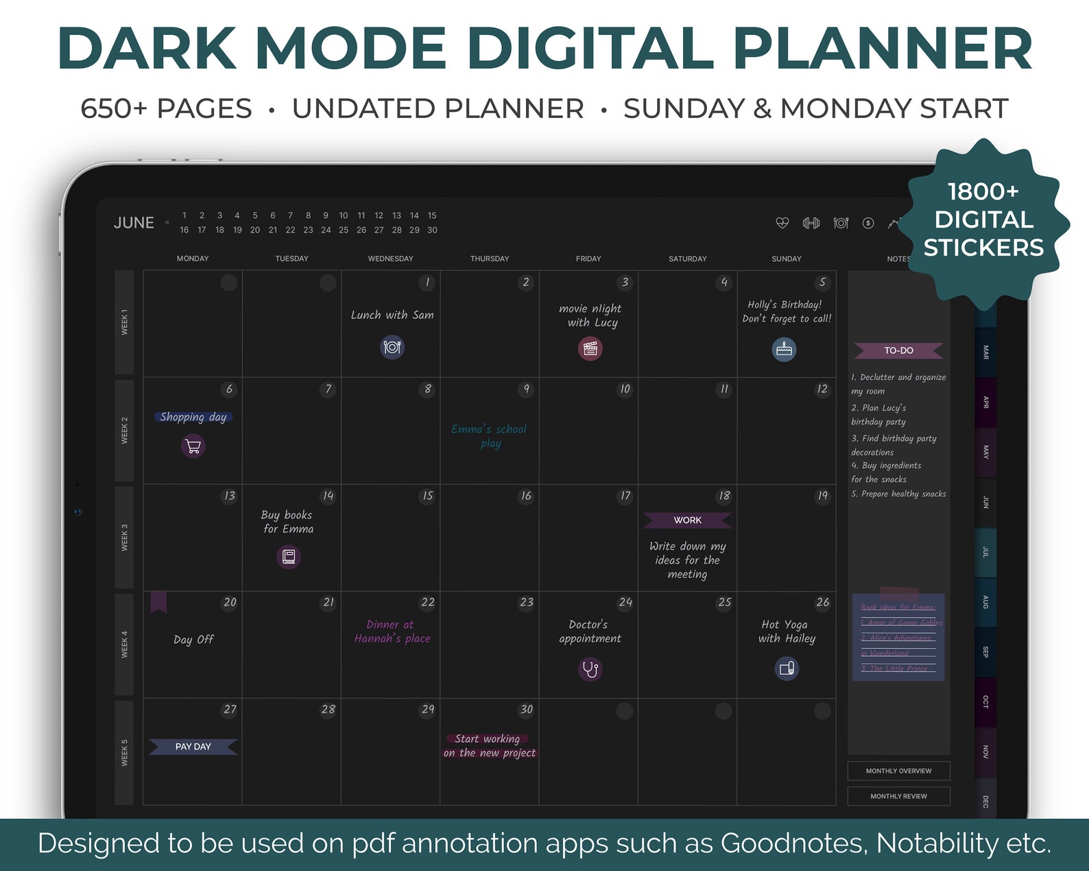 Digital Planner Dark Mode for Goodnotes/notability, Hyperlinked Black ...