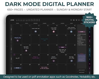 Digital Planner Dark Mode for Goodnotes/Notability, Hyperlinked Black Planner For iPad/Tablet, Minimalist Digital Planner, Digital Stickers