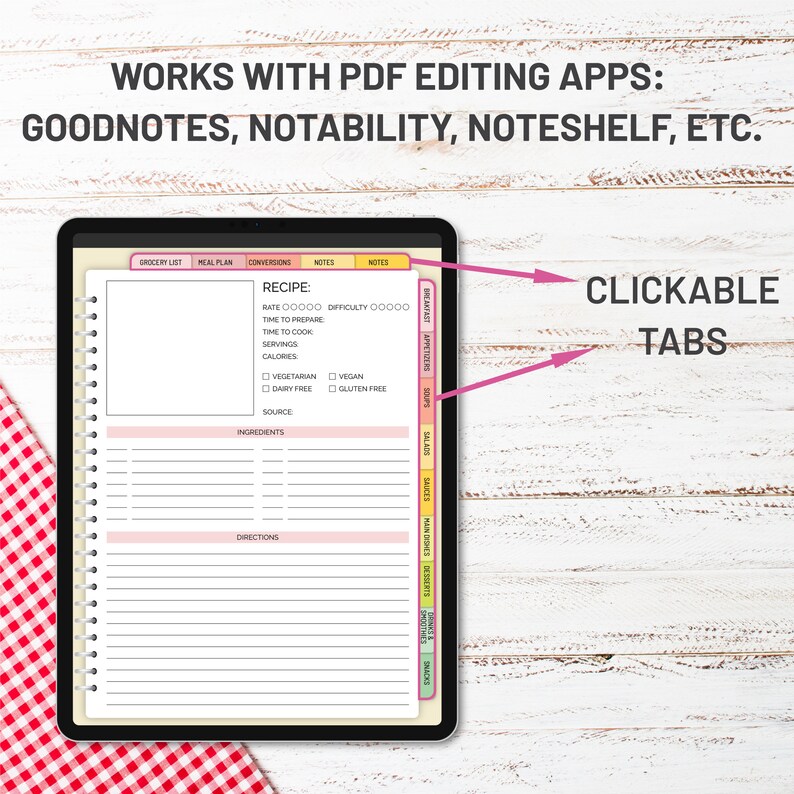 May include: A digital recipe planner on a tablet with a pink and white color scheme. The planner has clickable tabs for different categories, including breakfast, appetizers, soups, salads, main dishes, desserts, snacks, and smoothies. The planner is designed to be used with PDF editing apps like GoodNotes, Notability, and Noteshelf.