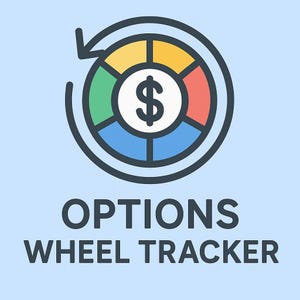 Può includere: Un grafico a torta colorato con un simbolo del dollaro al centro, circondato da una freccia circolare blu scuro. Il grafico è diviso in segmenti gialli, verdi, rossi e blu. Sotto, il testo recita "OPTIONS WHEEL TRACKER".