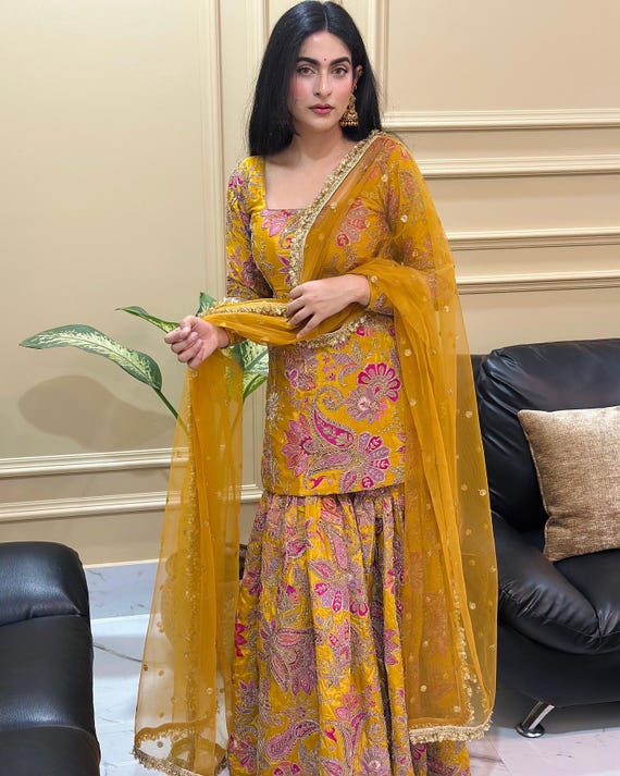 Ivory Sharara Lehenga: Custom Stitched Indian Gharara Suit