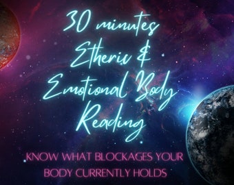 Op de afbeelding: Een neonbord tegen een donkere ruimteachtergrond met planeten. Het bord luidt "30 minuten Etheric & Emotional Body Reading. Weet welke blokkades je lichaam momenteel vasthoudt."