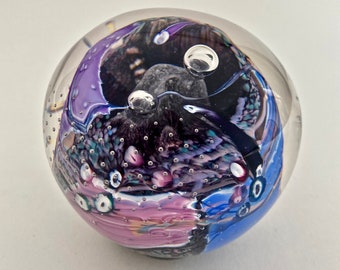 PETER PATTERSON Art Glass PAPERWEIGHT / Ocean Sea Life in Purples and Blues / Signed 1990