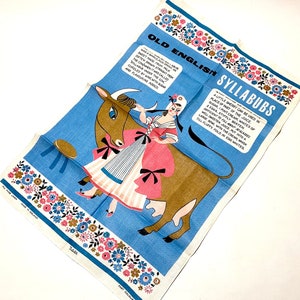 Old English SYLLABUBS Linen Tea Towel - Wall Hanging  / Mid Century Vintage Ulster