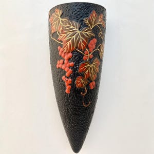 Large Art Deco TOKANABE WALL POCKET / Red and Gold Leaves and Berries / Made In Japan / 12&quot;