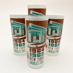 New York World&#39;s Fair 1964-1965 Souvenir Glasses - Port Authority Building / Set of 4 / Anchor Hocking / 6 1/2&quot;