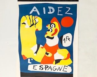 May include: A blue and yellow poster with a red, yellow, and white illustration of a person with a raised fist. The poster text reads "Biennal de Venecia Avantguarda Artistica i Realitat Social a l'Estat Espanyol 1936-1976 Aidez L'Espagne Fundacio Joan Miro 18 desembre 1976-13 febrer 1977 Parc de Montjuïc Barcelona".