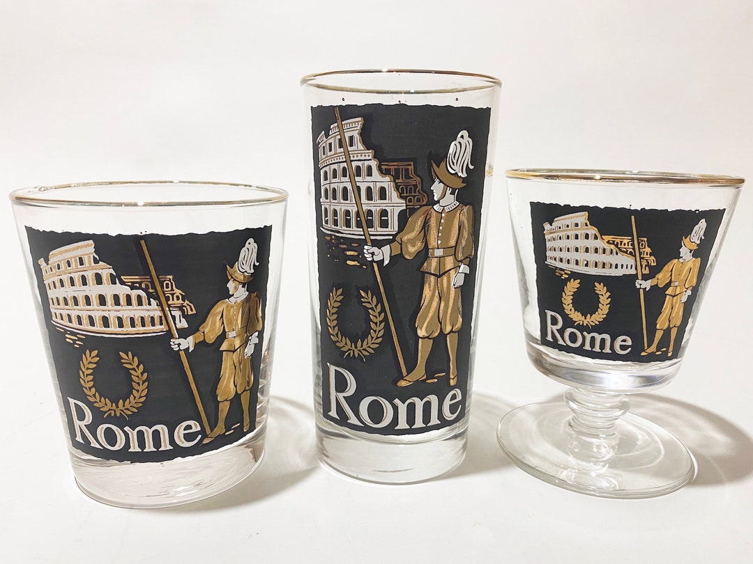 Vintage ROME Libbey International Cities Glasses / Gold Detail / Set of 3 / Highball Double Old