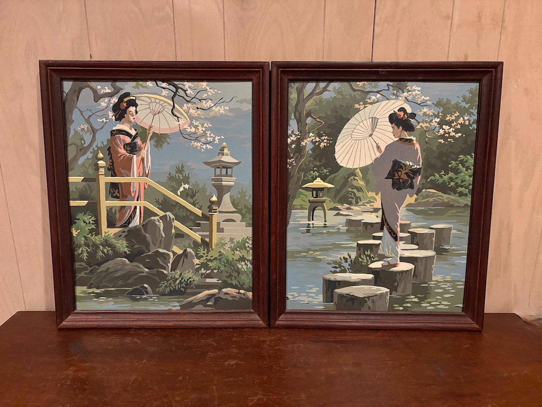 Geisha Numbers Graph Paint by Numbers GEISHA GARDENS / Framed PAIR / 18 1/2