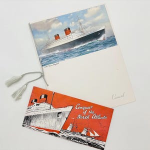 May include: Vintage Cunard Line ephemera featuring illustrations of the R.M.S. Queen Elizabeth ocean liner. Includes a brochure titled "Conquest of the North Atlantic" and a larger print with a ship illustration, all with a nautical theme.