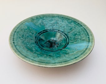 Crystalline Porcelain Bowl Green and Turquoise / 11 1/2" / Signed