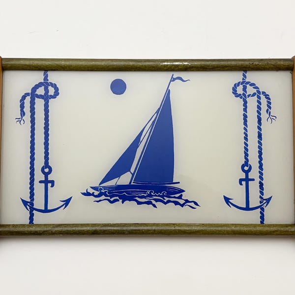 Art Deco Nautical Blue Sailboat Tray / 7 1/2" X 13 1/2"
