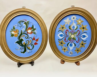 Vintage Pair Hand Painted  Rosemaling on Paper / Framed behind Glass / 14 1/2" X 12 1/2"