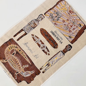 ABORIGINAL ART Linen Tea Towel - Wall Hanging / Greeting from Coober Pedy S. A.