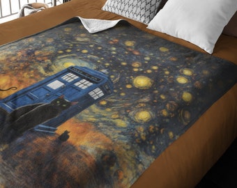 Black Cat Dr Who Blanket - Doctor Style Tardis Blue Police Box Starry Night Plush Blanket, Minky Blanket, Couch Throw, Cozy Blanket