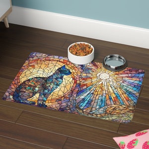 Stained Glass Cat Pet Food Mat - Artistic Cat Food Mat, Cat Mat, Cute Gift For Cat Owner, Cat Lover Placemat Art, Cat Dad, Cat Mom Artwork