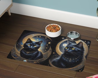Tapis de nourriture pour animaux de compagnie lune noir chat - tapis de nourriture pour chat lune mystique - demi-lune, set de table nouvelle lune pour chat, cadeau mignon pour propriétaire de chat, dame de compagnie, maman de chat