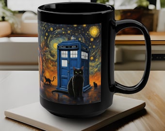 15 oz Black Cat Doctor Who Mok - Dr Who Geïnspireerd Tardis Blue Police Box Starry Night Cat Cup - Zwarte Kat Mok, Cadeau voor katteneigenaar, minnaar, moeder