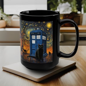 15 oz Black Cat Doctor Who Mug - Dr Who Inspired Tardis Blue Police Box Starry Night Cat Cup - Black Cat Mug, Gift For Cat Owner, Lover, Mom