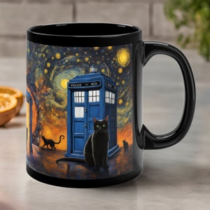 Black Cat Doctor Who Mug - Dr Who Inspired Tardis Blue Police Box Starry Night Cat Cup - Black Cat Mug, Cute Gift For Cat Owner, Lover, Mom